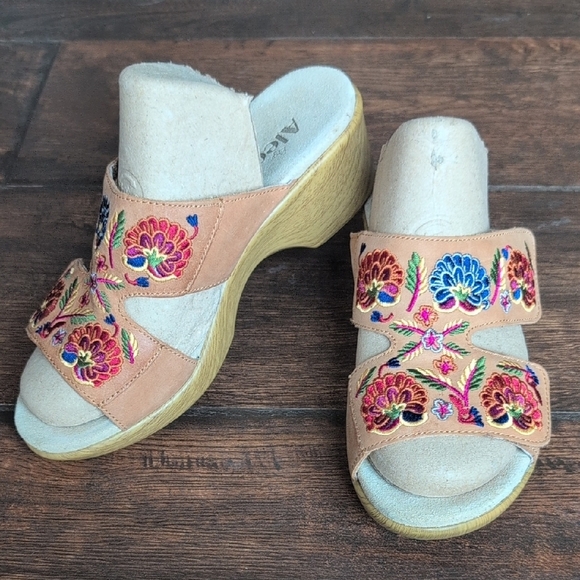 Alegria Shoes - Alegria Linn Leather Floral Embroidered Wedge Sandals - Women's 38 (US 8)